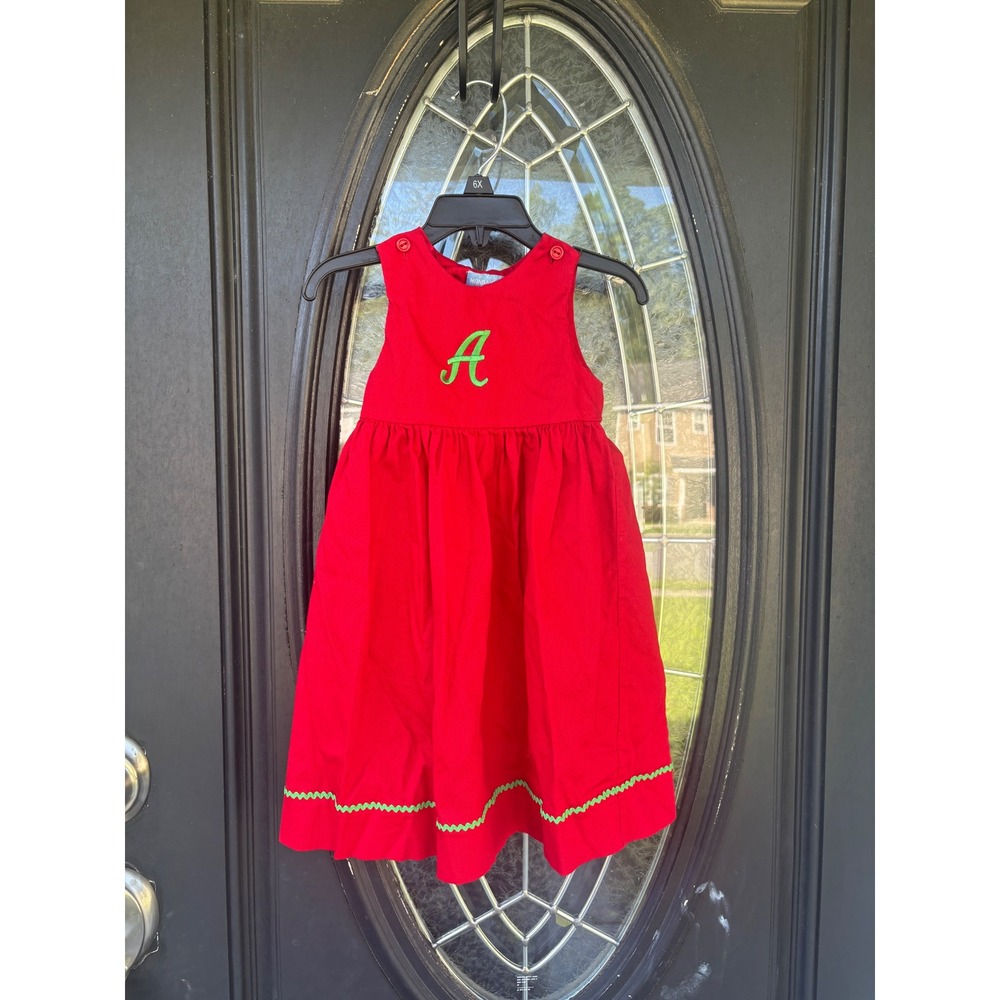 Mondays Child Girls Red Cotton Jumper Dress Green Initial A Rickrack Trim Size 2